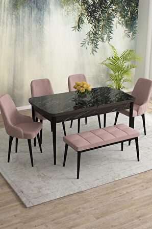 Rovena Eylül Siyah Mermer 80x132 Açılabilir Mdf Yemek Odası Takımı 4 Adet Sandalye+1 Bench
