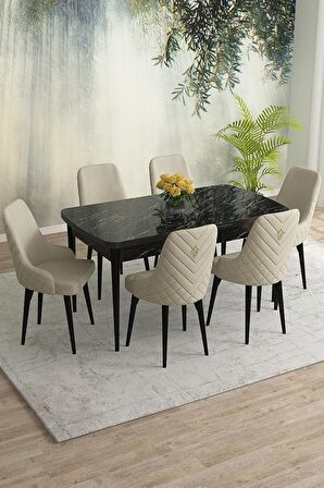 Rovena Eylül Siyah Mermer 80x132 Açılabilir Mdf Yemek Odası Takımı 6 Adet Sandalye