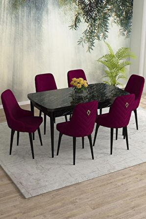 Rovena Eylül Siyah Mermer 80x132 Açılabilir Mdf Yemek Odası Takımı 6 Adet Sandalye