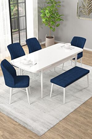 Rovena Arel Beyaz 80x132 Açılabilir Mdf Yemek Odası Takımı 4 Adet Sandalye + 1 Bench
