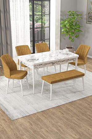 Rovena Arel Beyaz Mermer 80x132 Açılabilir Mdf Yemek Odası Takımı 4 Adet Sandalye + 1 Bench