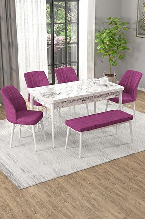 Rovena Arel Beyaz Mermer 80x132 Açılabilir Mdf Yemek Odası Takımı 4 Adet Sandalye + 1 Bench