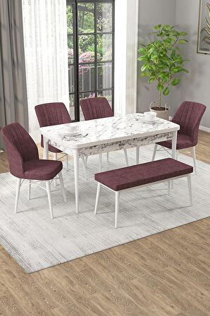 Rovena Arel Beyaz Mermer 80x132 Açılabilir Mdf Yemek Odası Takımı 4 Adet Sandalye + 1 Bench