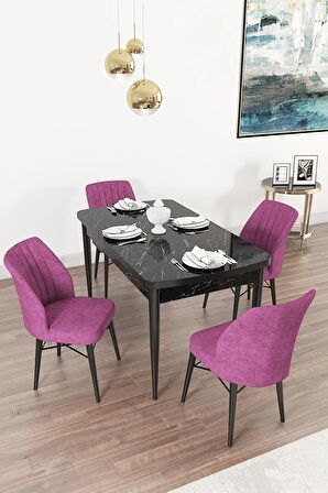 Rovena Arel Siyah Mermer 80x132 Açılabilir Mdf Yemek Odası Takımı 4 Adet Sandalye