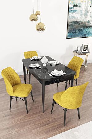 Rovena Arel Siyah Mermer 80x132 Açılabilir Mdf Yemek Odası Takımı 4 Adet Sandalye