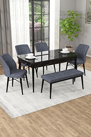 Rovena Arel Siyah Mermer 80x132 Açılabilir Mdf Yemek Odası Takımı 4 Adet Sandalye + 1 Bench