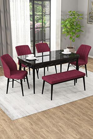Rovena Arel Siyah Mermer 80x132 Açılabilir Mdf Yemek Odası Takımı 4 Adet Sandalye + 1 Bench