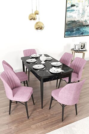 Rovena Arel Siyah Mermer 80x132 Açılabilir Mdf Yemek Odası Takımı 6 Adet Sandalye