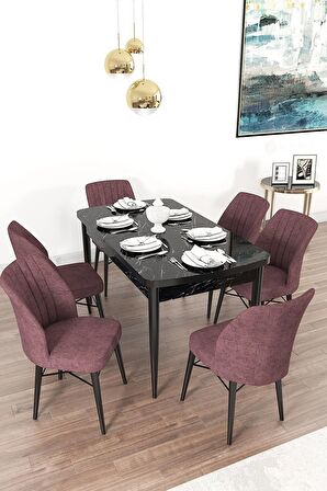 Rovena Arel Siyah Mermer 80x132 Açılabilir Mdf Yemek Odası Takımı 6 Adet Sandalye