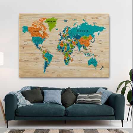 Harita Sepeti Ahşap Görünümlü Dünya Haritası Ayrıntılı ve Dekoratif Kanvas Tablo 1801