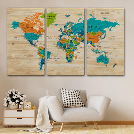 Harita Sepeti Ahşap Görünümlü Dünya Haritası Ayrıntılı ve Dekoratif Kanvas Tablo 1801