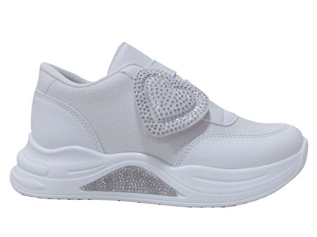 Minimass Beyaz Gümüş Kalpli Cırtlı Sneakers Çocuk Ayakkabı
