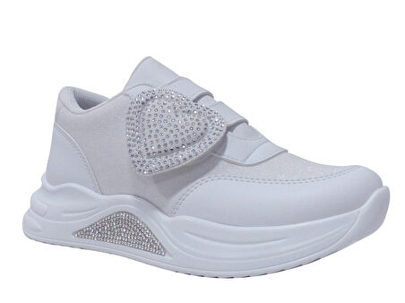 Minimass Beyaz Gümüş Kalpli Cırtlı Sneakers Çocuk Ayakkabı