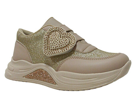 Minimass Vizon Kahverengi Altın Kalpli Cırtlı Sneakers Çocuk Ayakkabı