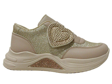 Minimass Vizon Kahverengi Altın Kalpli Cırtlı Sneakers Çocuk Ayakkabı