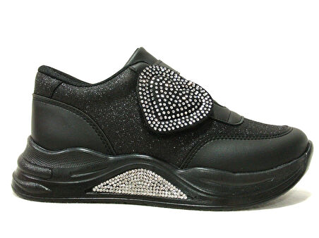 Minimass Siyah Gümüş Kalpli Cırtlı Sneakers Çocuk Ayakkabı
