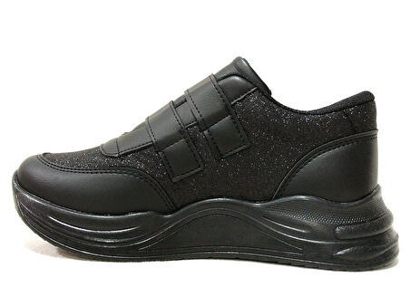 Minimass Siyah Gümüş Kalpli Cırtlı Sneakers Çocuk Ayakkabı