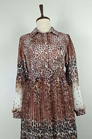 Leopar Desenli Pliseli Büyük Beden Elbise Pembe 7832
