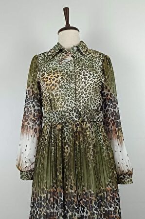 Leopar Desenli Pliseli Büyük Beden Elbise Yeşil 7832