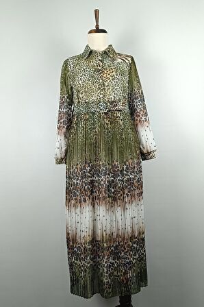 Leopar Desenli Pliseli Büyük Beden Elbise Yeşil 7832