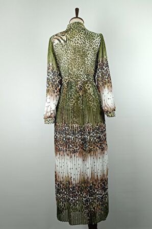 Leopar Desenli Pliseli Büyük Beden Elbise Yeşil 7832