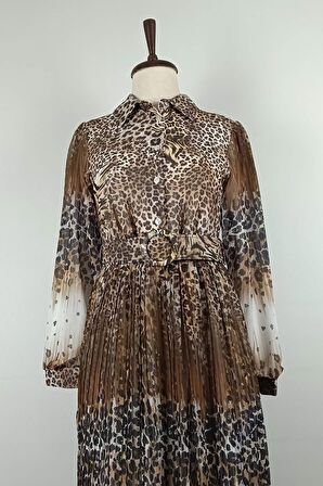 Leopar Desenli Pliseli Büyük Beden Elbise Kahverengi 7832