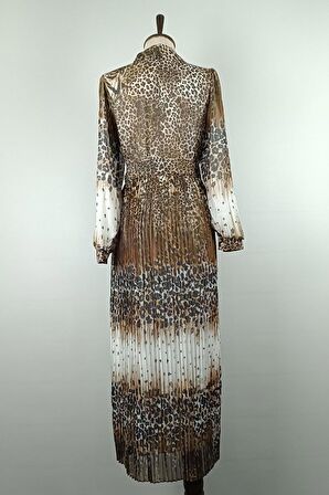 Leopar Desenli Pliseli Büyük Beden Elbise Kahverengi 7832