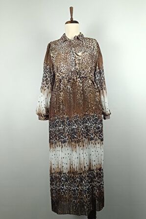 Leopar Desenli Pliseli Büyük Beden Elbise Kahverengi 7832