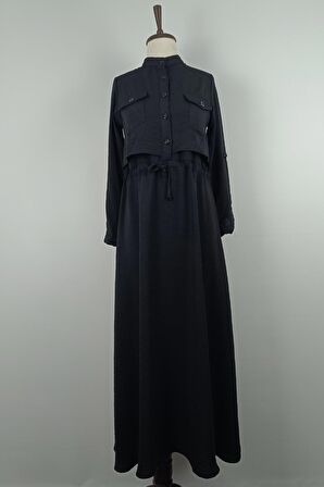 Belden Büzgülü Elbise Siyah 7755