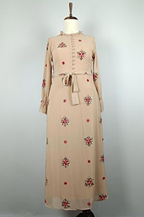 Dantel Desenli Büyük Beden Elbise Bej 7814