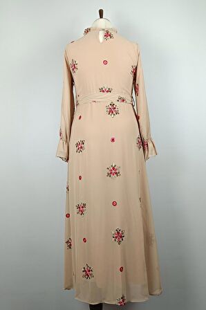 Dantel Desenli Büyük Beden Elbise Bej 7814