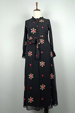 Dantel Desenli Büyük Beden Elbise Siyah 7814