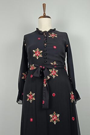 Dantel Desenli Büyük Beden Elbise Siyah 7814