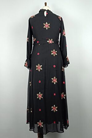 Dantel Desenli Büyük Beden Elbise Siyah 7814