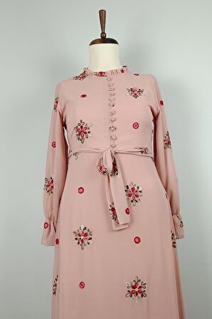 Dantel Desenli Büyük Beden Elbise Pembe 7814