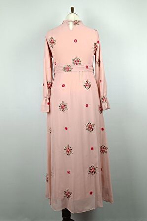 Dantel Desenli Büyük Beden Elbise Pembe 7814