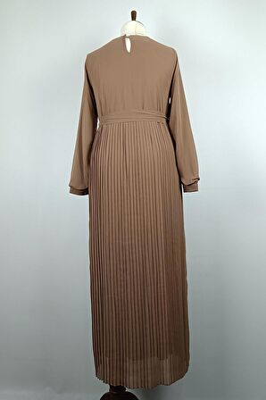 Taş Detaylı Pliseli Büyük Beden Elbise Vizon 7763