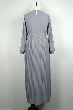 Taş Detaylı Pliseli Büyük Beden Elbise Gri 7763