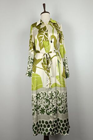 Düğmeli Saten Elbise Yeşil K327