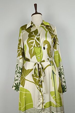 Düğmeli Saten Elbise Yeşil K327