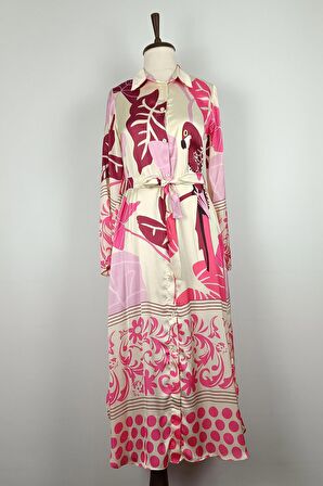 Düğmeli Saten Elbise Fuşya K327