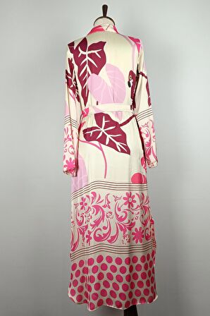 Düğmeli Saten Elbise Fuşya K327