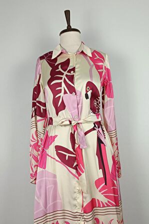 Düğmeli Saten Elbise Fuşya K327