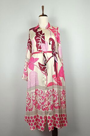 Düğmeli Saten Elbise Fuşya K327