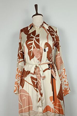 Düğmeli Saten Elbise Kahverengi K327