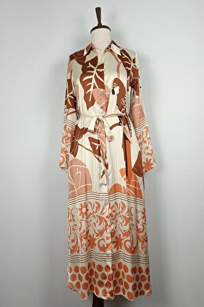 Düğmeli Saten Elbise Kahverengi K327