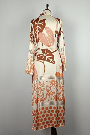 Düğmeli Saten Elbise Kahverengi K327