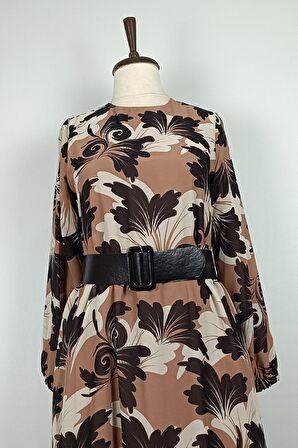 Büyük Beden Şifon Elbise Vizon 7819