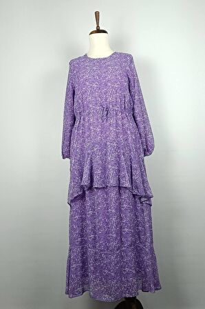 Büyük Beden Şifon Elbise Lila 7730