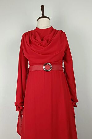 Drape Detaylı Şifon Elbise Kırmızı  7841